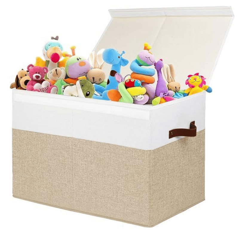 Large Toy Storage Box with Lid, Sturdy Toys Storage Chest Bin Organizer Basket with Dividers for Kids, Boys, Girls, Nursery, Closet, Bedroom, Playroom 25"x13" x16" (Beige and White)
