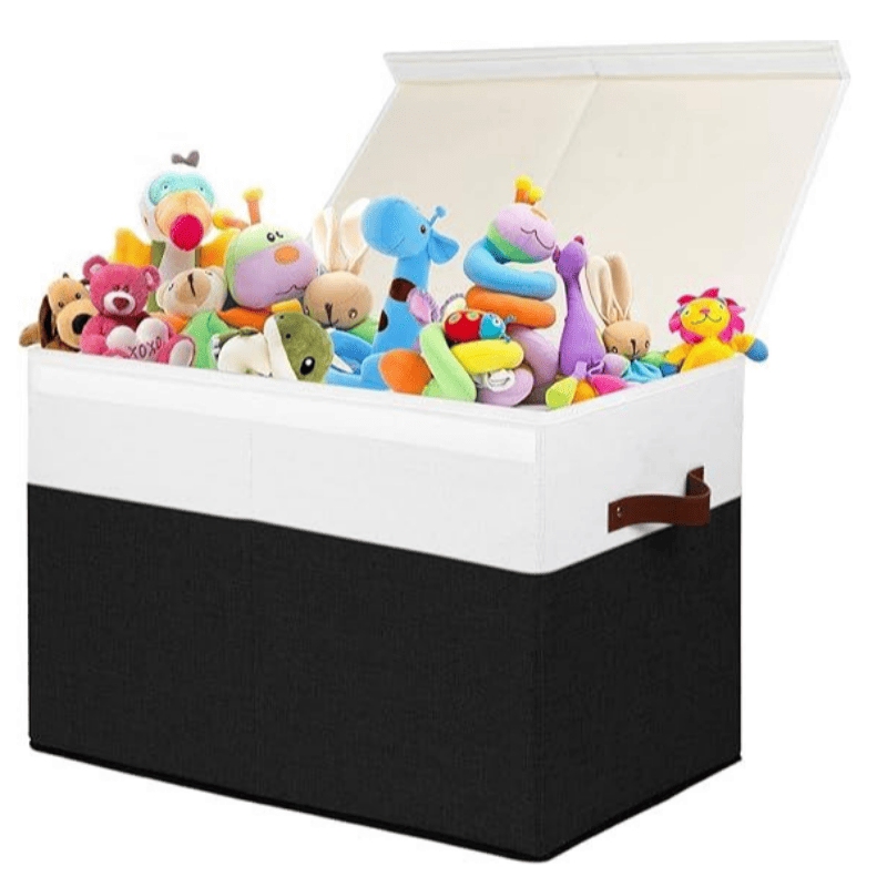 Large Toy Storage Box with Lid, Sturdy Toys Storage Chest Bin Organizer Basket with Dividers for Kids, Boys, Girls, Nursery, Closet, Bedroom, Playroom 25"x13" x16" (Black and White)