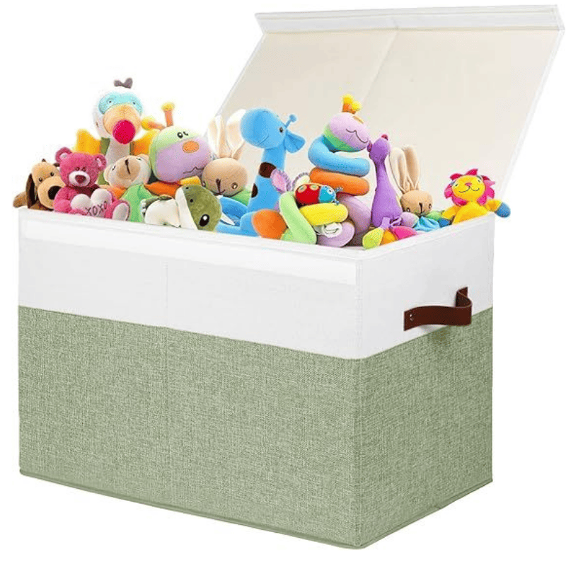 Large Toy Storage Box with Lid, Sturdy Toys Storage Chest Bin Organizer Basket with Dividers for Kids, Boys, Girls, Nursery, Closet, Bedroom, Playroom 25"x13" x16" (Green and White)