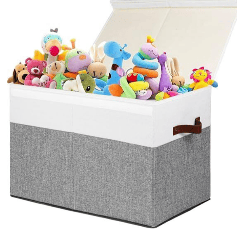 Large Toy Storage Box with Lid, Sturdy Toys Storage Chest Bin Organizer Basket with Dividers for Kids, Boys, Girls, Nursery, Closet, Bedroom, Playroom 25"x13" x16" (Grey and White)