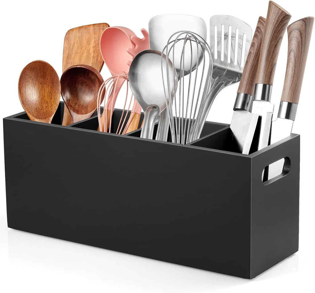 Large Utensil Holder with Removable Divider - 4 Compartment Wooden Utensil Caddy Organizer for Kitchen Counter - Black Cooking Utensil Crock for Countertop
