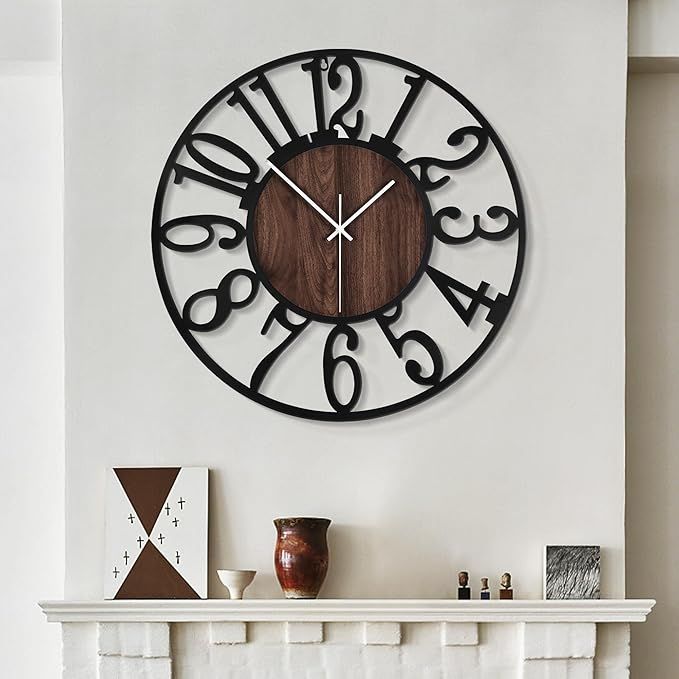 Large Wall Clocks ,Silent, Non Ticking, Battery Operated Rustic Round Modern Big Wood Wall Clock for Living Room, Bedroom, Kitchen, Farmhouse, Office, Home Decor-16 Inch(Black-Arabic Number)