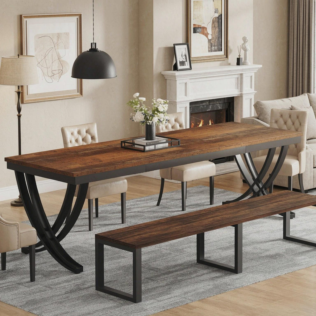 Large Wooden Rectangular Dining Table for 6-8 People Farmhouse Style 78.74 Inch Kitchen Table-Only the table