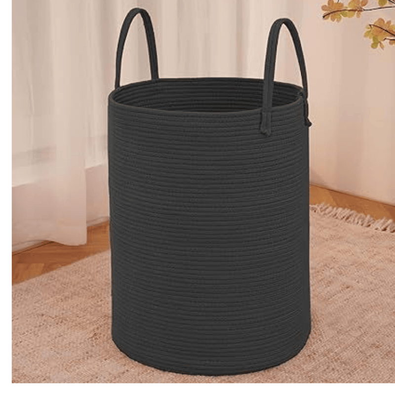 Large Woven Laundry Basket Hamper,60L Cotton Rope Storage Bin for Blankets,Toys and Clothes,Decorative Tall Nursery Hamper for Living Room,Baby Nursery,Bathroom and Bedroom,Black