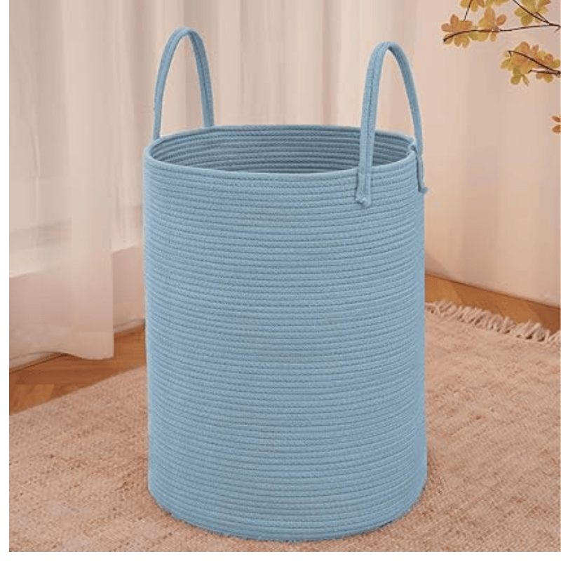 Large Woven Laundry Basket Hamper,60L Cotton Rope Storage Bin for Blankets,Toys and Clothes,Decorative Tall Nursery Hamper for Living Room,Baby Nursery,Bathroom and Bedroom,Blue