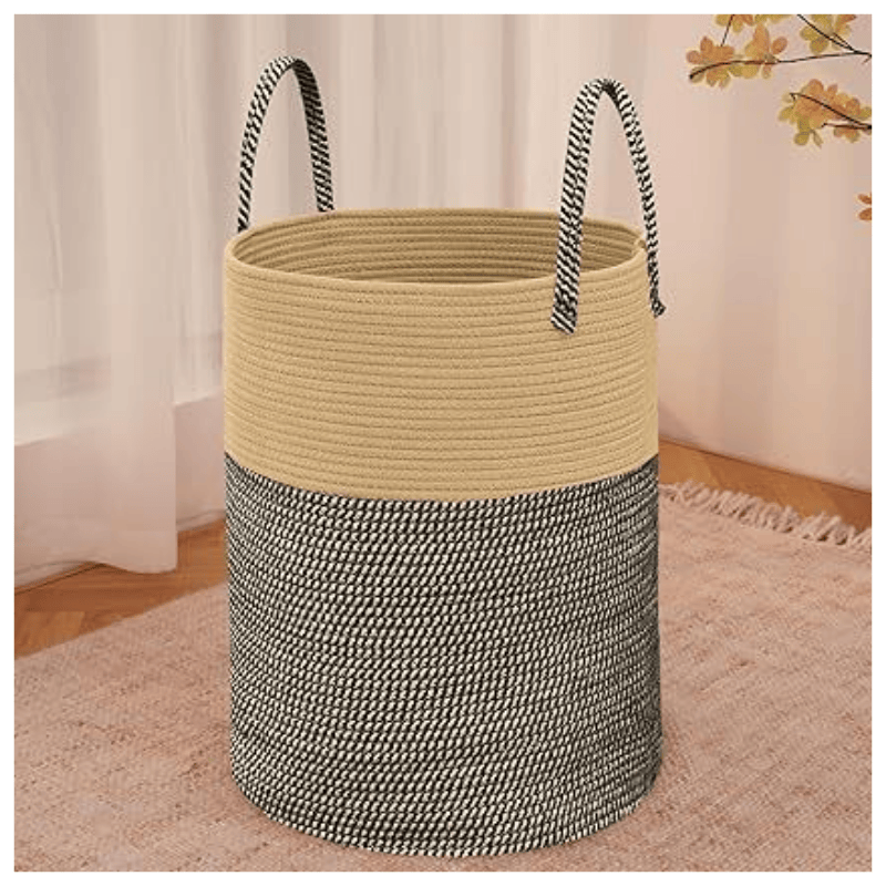 Large Woven Laundry Basket Hamper,60L Cotton Rope Storage Bin for Blankets,Toys and Clothes,Decorative Tall Nursery Hamper for Living Room,Baby Nursery,Bathroom and Bedroom,Brown and Black