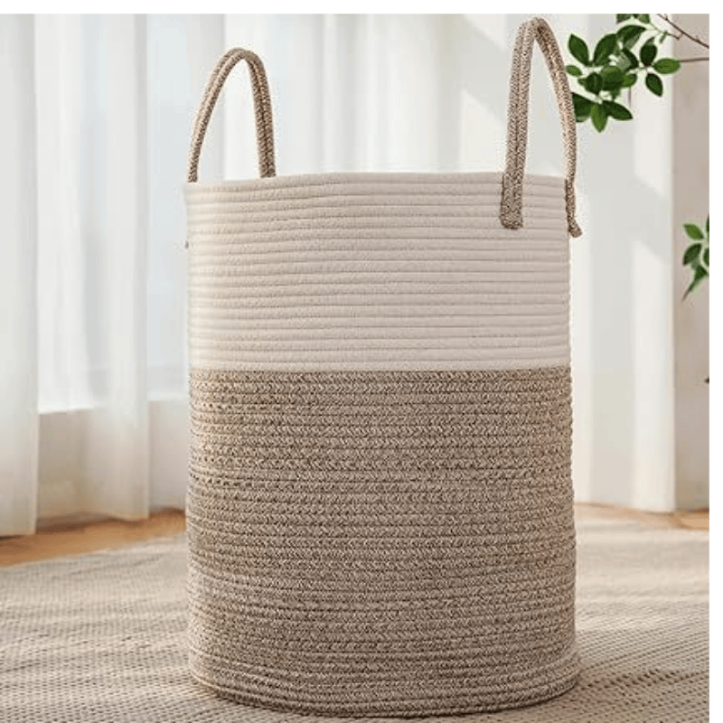 Large Woven Laundry Basket Hamper,60L Cotton Rope Storage Bin for Blankets,Toys and Clothes,Decorative Tall Nursery Hamper for Living Room,Baby Nursery,Bathroom and Bedroom,Brown