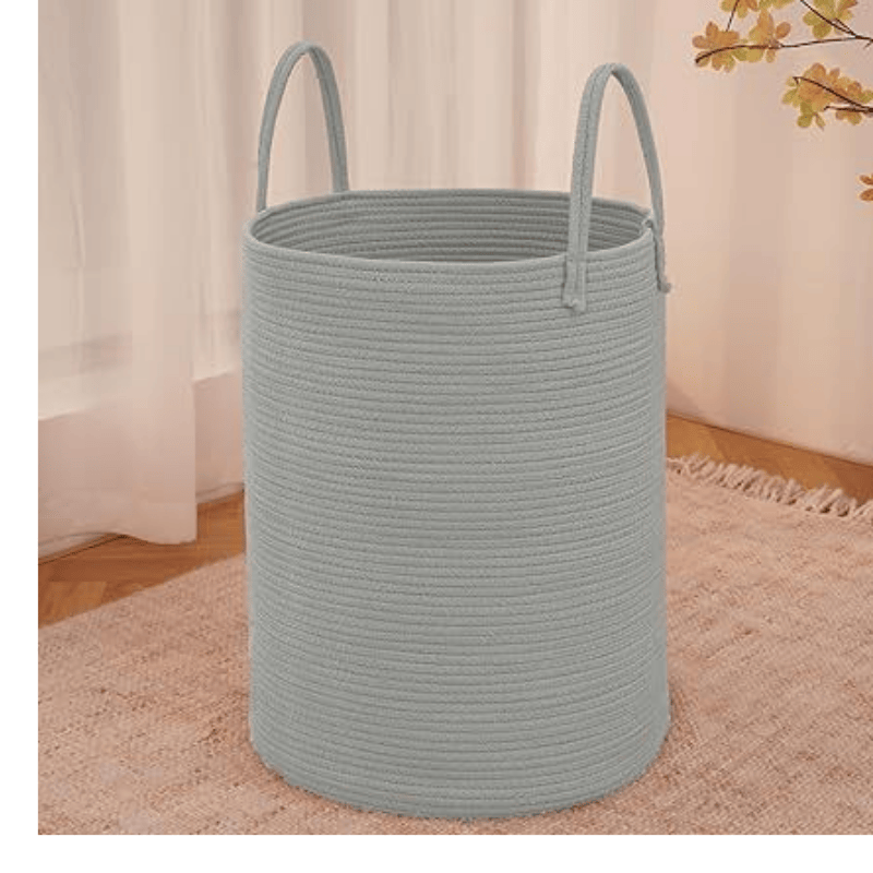 Large Woven Laundry Basket Hamper,60L Cotton Rope Storage Bin for Blankets,Toys and Clothes,Decorative Tall Nursery Hamper for Living Room,Baby Nursery,Bathroom and Bedroom,Grey