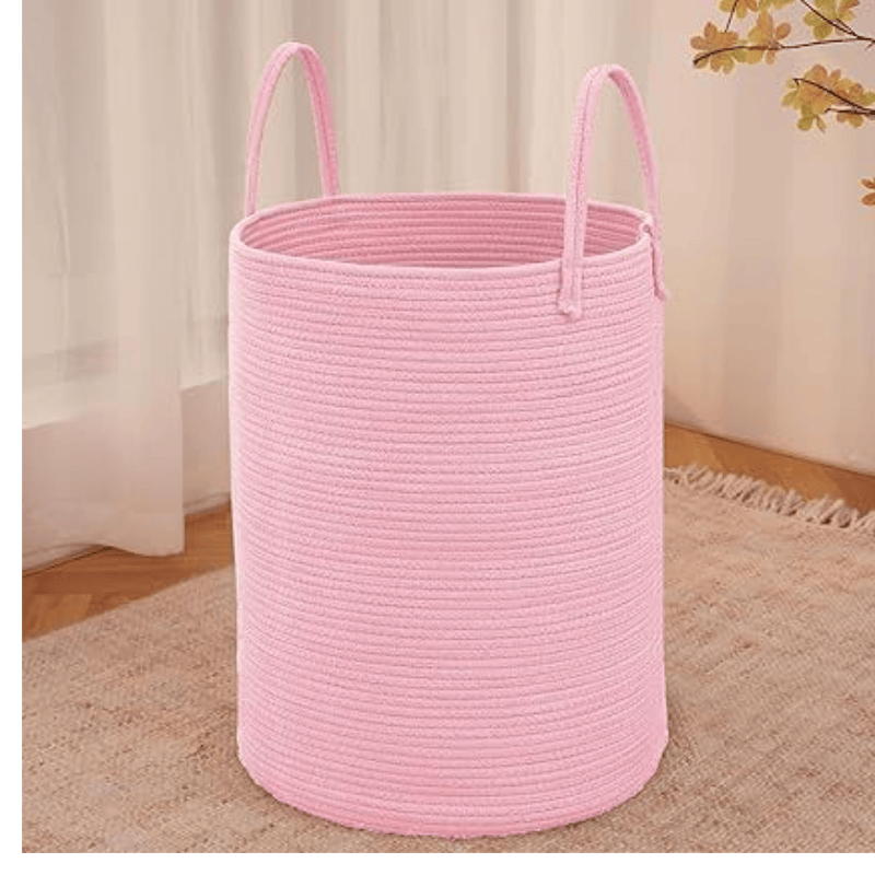 Large Woven Laundry Basket Hamper,60L Cotton Rope Storage Bin for Blankets,Toys and Clothes,Decorative Tall Nursery Hamper for Living Room,Baby Nursery,Bathroom and Bedroom,Pink
