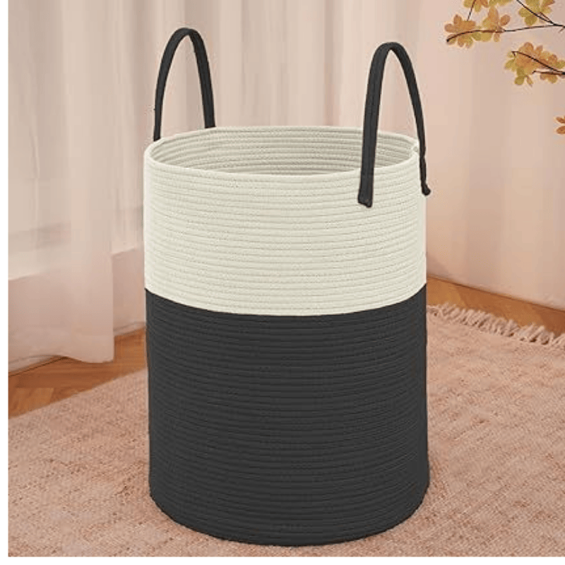 Large Woven Laundry Basket Hamper,60L Cotton Rope Storage Bin for Blankets,Toys and Clothes,Decorative Tall Nursery Hamper for Living Room,Baby Nursery,Bathroom and Bedroom,White and Black