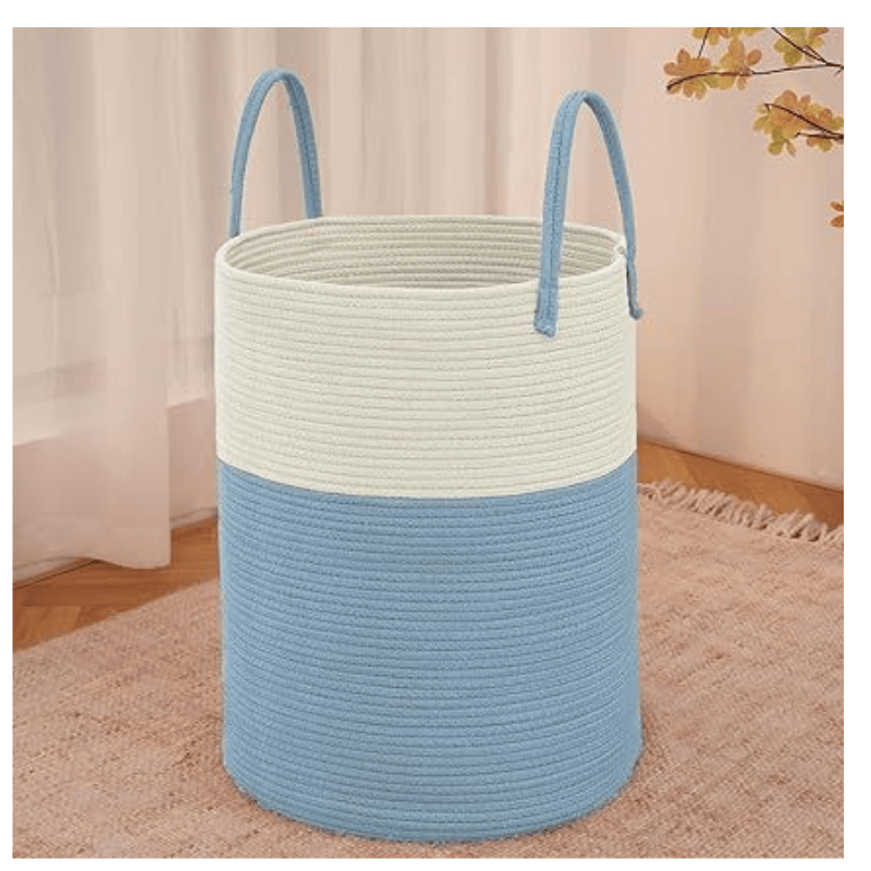 Large Woven Laundry Basket Hamper,60L Cotton Rope Storage Bin for Blankets,Toys and Clothes,Decorative Tall Nursery Hamper for Living Room,Baby Nursery,Bathroom and Bedroom,White and Blue