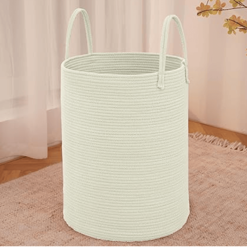 Large Woven Laundry Basket Hamper,60L Cotton Rope Storage Bin for Blankets,Toys and Clothes,Decorative Tall Nursery Hamper for Living Room,Baby Nursery,Bathroom and Bedroom,White