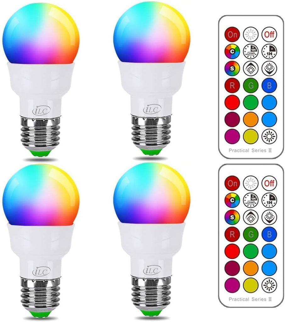 LED Color Changing Light Bulb, 40W Equivalent, 450LM, 2700K Warm White 5W E26 Screw Base RGBW, Flood Light Bulb- 12 Color Choices - Timing Infrared Remote Control (4 Pack)
