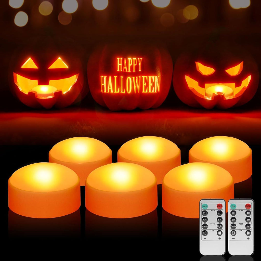 LED Flameless Jack-O-Lanterns, Blinking Battery Operated Lights with Remote Control and Timer, Dimmable Halloween Candle Lights for Halloween Decorations and Pumpkin Decorations - 6 Pack