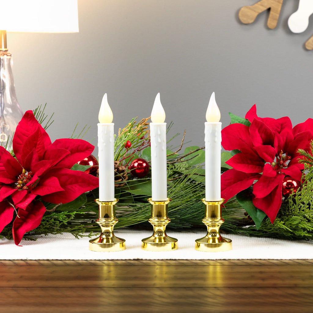 LED Flickering Window Candles with Timer - 8.5" - White - Set of 3