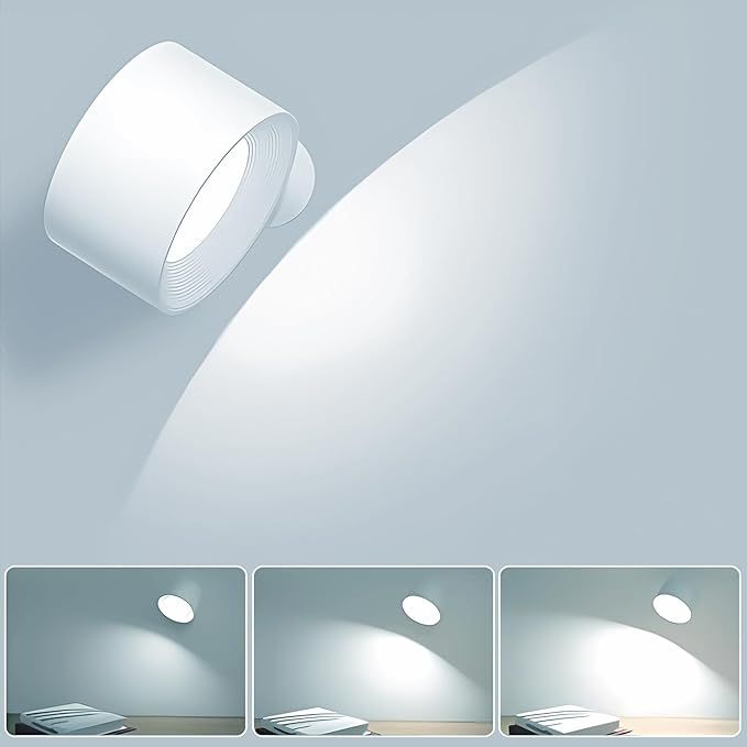 LED Wall Lamp,Wireless Wall Light with Rechargeable Battery Operated 3 Color Temperatures Dimmable Magnetic 360° Rotation Wall Sconce for Bedroom Bedside Reading-White