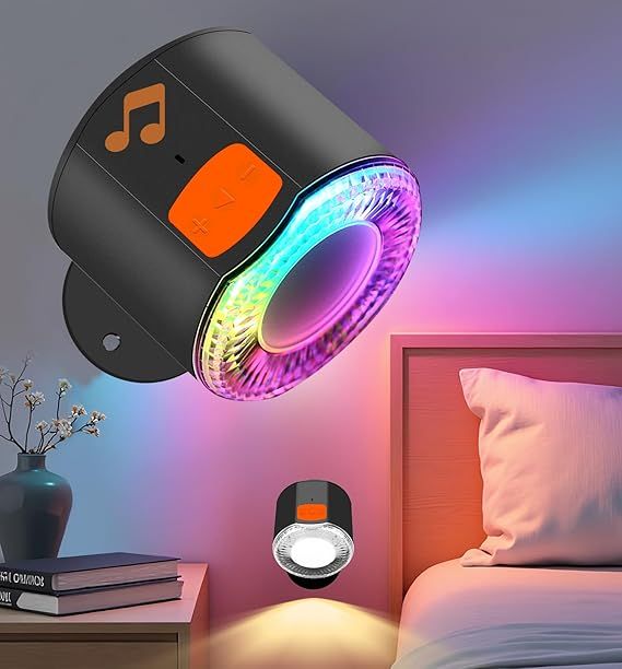 LED Wall Mounted Light, Battery Operated Wall Sconces with Bluetooth Speaker 3000mAh Rechargeable Wall Lights, Dimmable Bedside Reading Wall Lamp for Bedroom, White Light Dynamic RGB Music Sync Modes