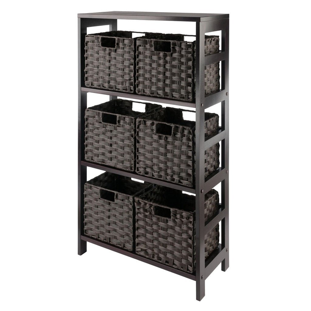 Leo 7-Pc Storage Shelf with 6 Foldable Woven Baskets; Espresso and Chocolate