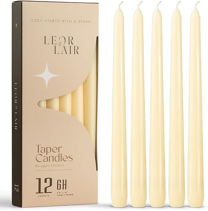 Leor & Lair Ivory Taper Candles - 12 Pack 10" Ivory Candlesticks - Unscented Cream Candle Sticks for Home Decoration, Holiday Tables, Weddings, Restaurants & Business