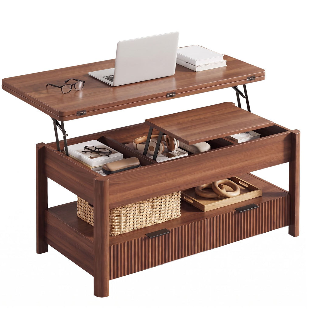 Lift Top Coffee Table with 2 Drawers and Hidden Storage, Extendable Coffee Table Converts to Dining Table or Computer Desk, Walnut Wood Coffee Table for Living Room