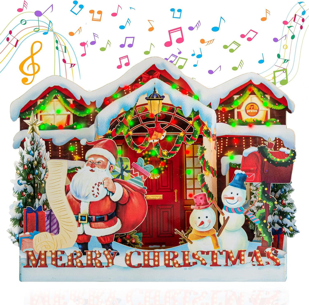 Light and Musical Christmas House Pop Up Card, Santa, Snowmans, Christmas Tree, 3D Greeting Card, Ideal Gift for Xmas, Table Decorations, 6.1x7.87 - Includes Envelope And Message Note