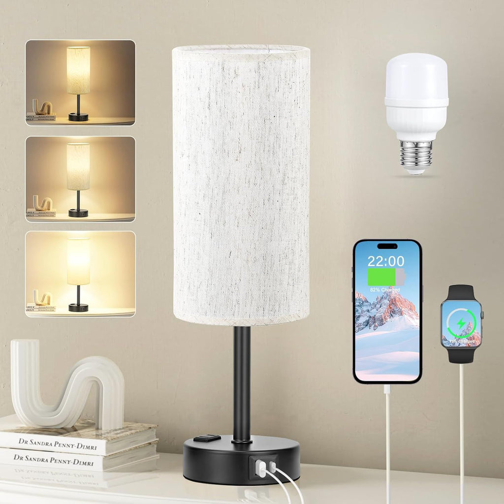 Light Beige Table Lamp for Nightstand - 3 Way Dimmable Bedside Lamp for Bedroom with USB C A Charging Ports and AC Outlet, Small Desk Lamp with Black Base for Living Room, Office, LED Bulb Included