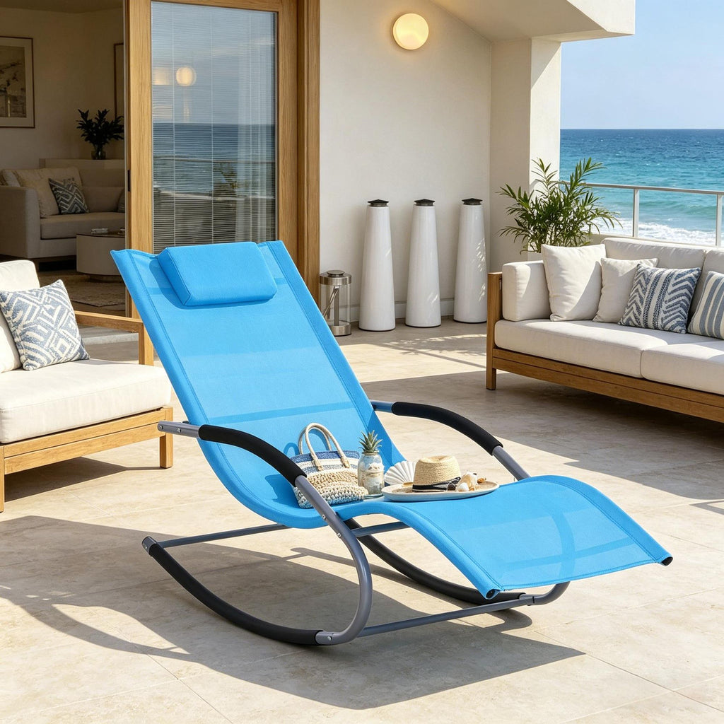 Light Blue Zero Gravity Rocking Chair Outdoor Recliner Chaise Lounge with Detachable Pillow Weather-Fighting Fabric for Patio Deck Pool