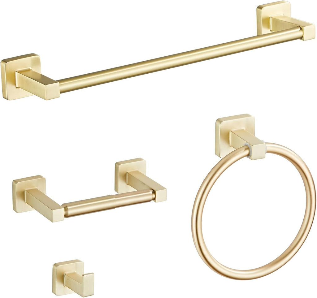 Light Gold Bathroom Hardware Set 4 Pieces,Towel Bar Set Stainless Steel Wall Mounted, Includes 16In Hand Towel Bar, Towel Ring, Robe Towel Hooks,Toilet Paper Holder, Bathroom Towel Rack Set…