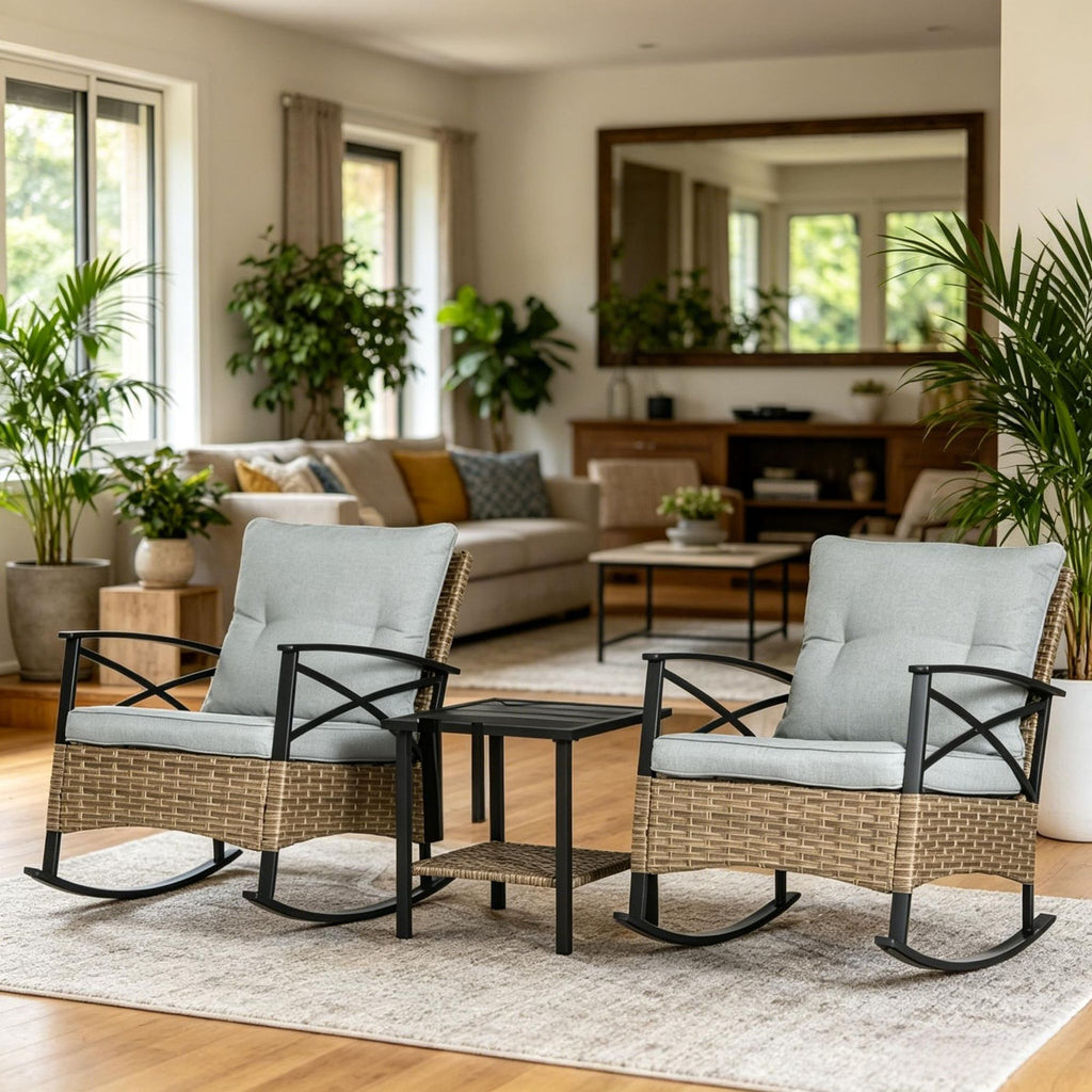 Light Gray 3 Piece Patio Rocking Chair Set Outdoor Wicker Bistro with Oversize Cushioned Rockers And 2 Tier Coffee Table for Garden Backyard