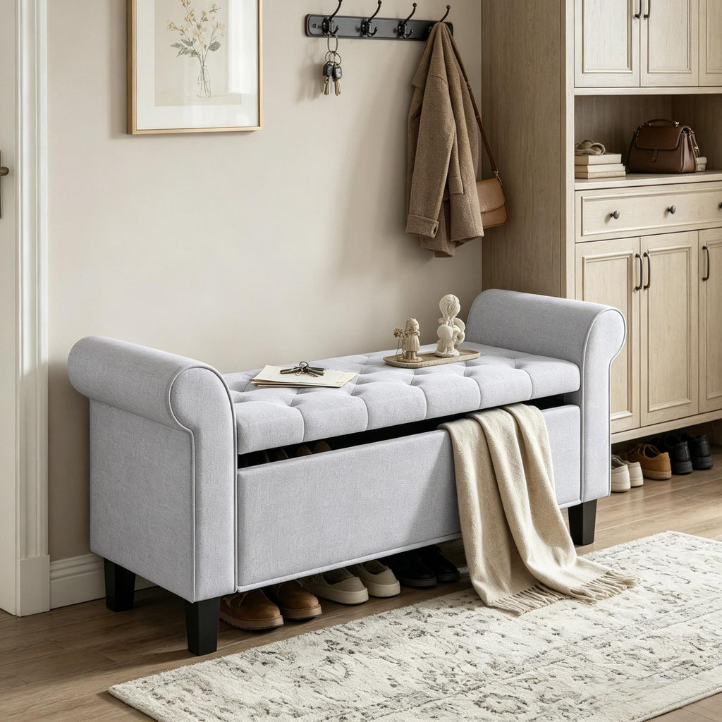 Light Gray 47 Inch Tufted Storage Ottoman Bench with Rolled Arms Safety Hinge Wood Legs for Bedroom End of Bed Furniture
