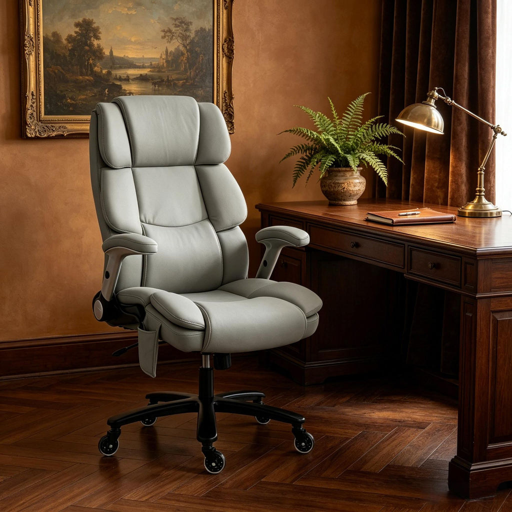 Light Gray Big And Tall Office Chair with Airbag Lumbar Support Pet-Friendly Fabric Desk Chair with Flip-Up Armrests