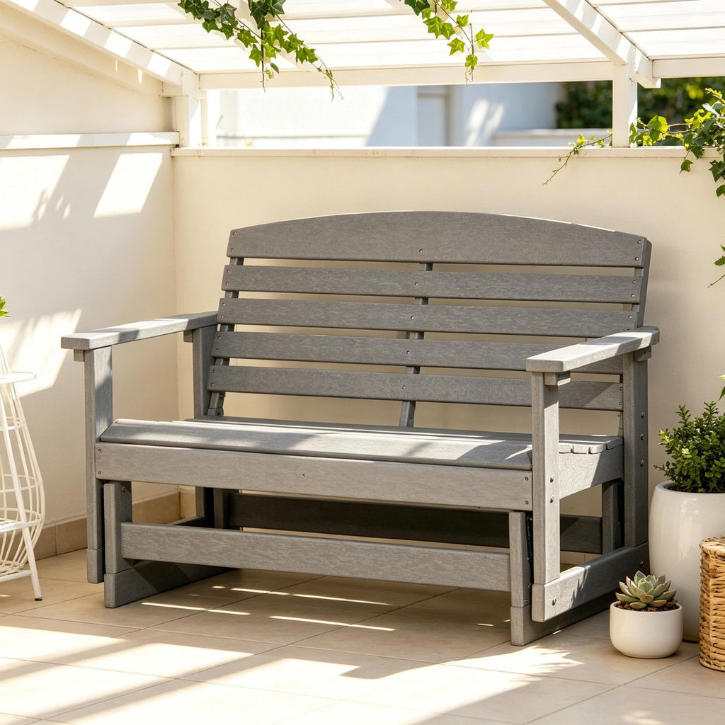 Light Gray Patio Glider Bench with HDPE Slatted Double Rocking Chair Outdoor Furniture for Garden Backyard Deck