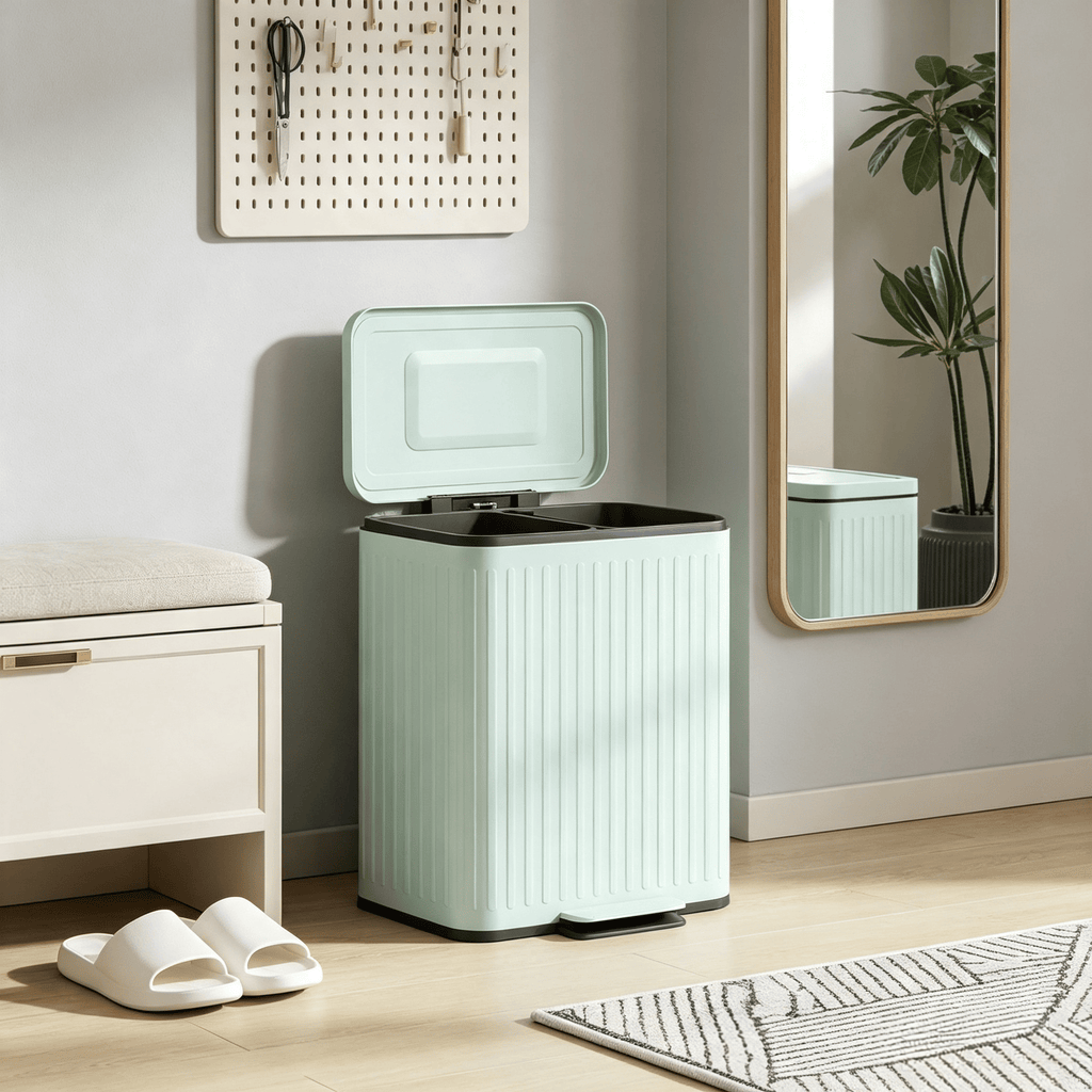 Light Green Double Step-On Kitchen Trash Can with Removable Buckets And Rubbish Bags 2 X 5.3Gal Trash Can with Lid