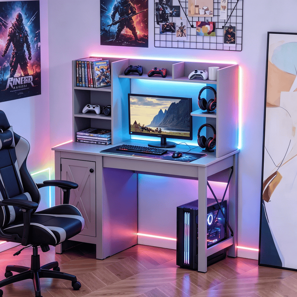 Light Grey Computer Desk with Hutch Home Office Desk with Storage Cabinet for Living Room Bedroom School Ideal Desktop Height 77cm
