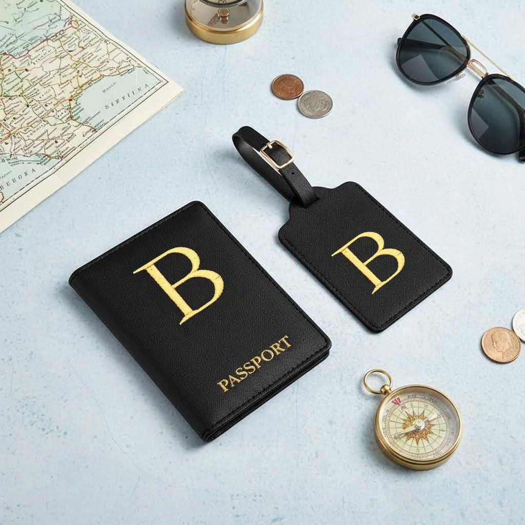 Light Luxury Embroidered Letter Passport Holder Set, PU Leather Document Folder, Anti-lost Luggage Tag for Travel Check-in
