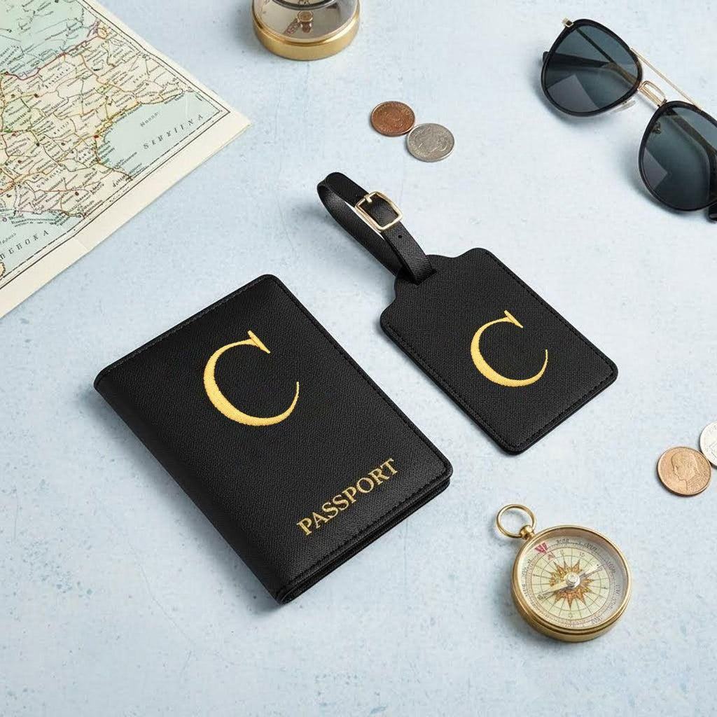 Light Luxury Embroidered Letter Passport Holder Set, PU Leather Document Folder, Anti-lost Luggage Tag for Travel Check-in