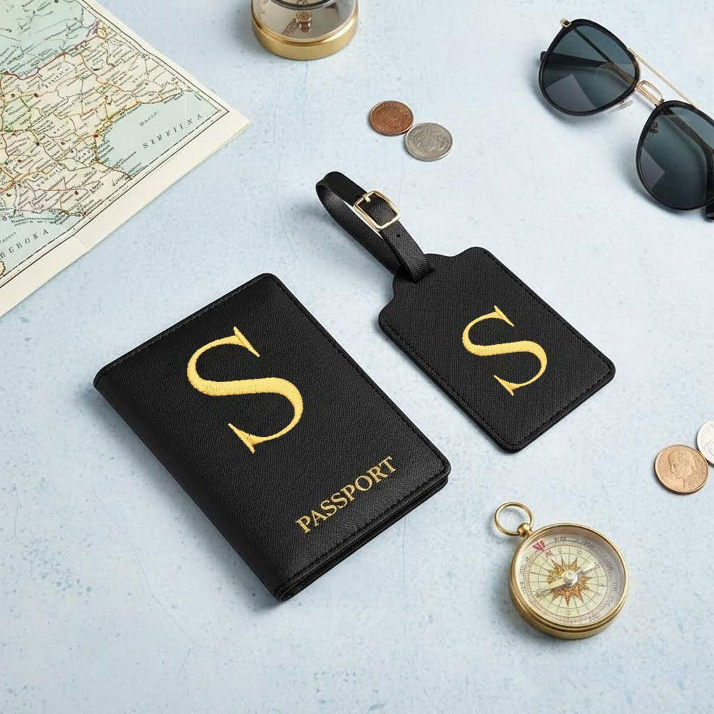 Light Luxury Embroidered Letter Passport Holder Set, PU Leather Document Folder, Anti-lost Luggage Tag for Travel Check-in