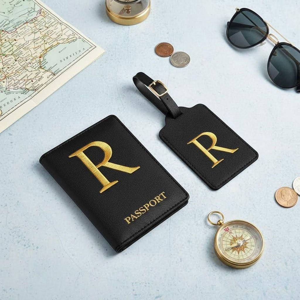Light Luxury Embroidered Letter Passport Holder Set, PU Leather Document Folder, Anti-lost Luggage Tag for Travel Check-in