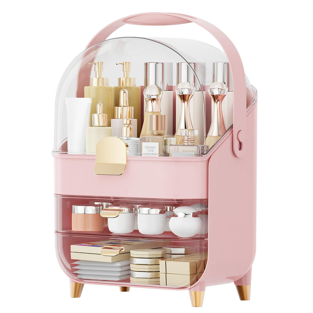 Light Luxury Handheld Dustproof Cosmetic Storage Box, 3-Layer Large-Capacity Transparent Skincare Organizer, Desktop Vanity Storage Case