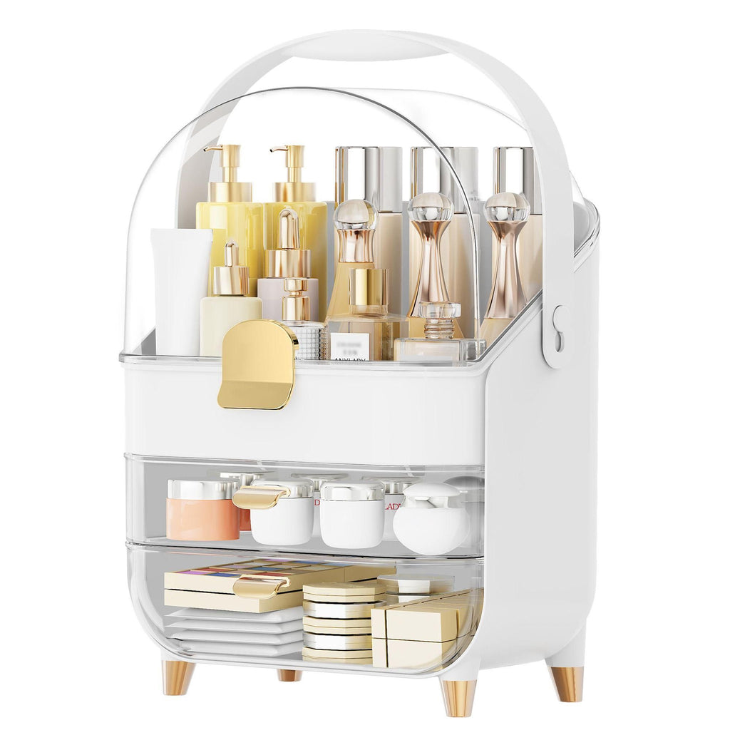 Light Luxury Handheld Dustproof Cosmetic Storage Box, 3-Layer Large-Capacity Transparent Skincare Organizer, Desktop Vanity Storage Case