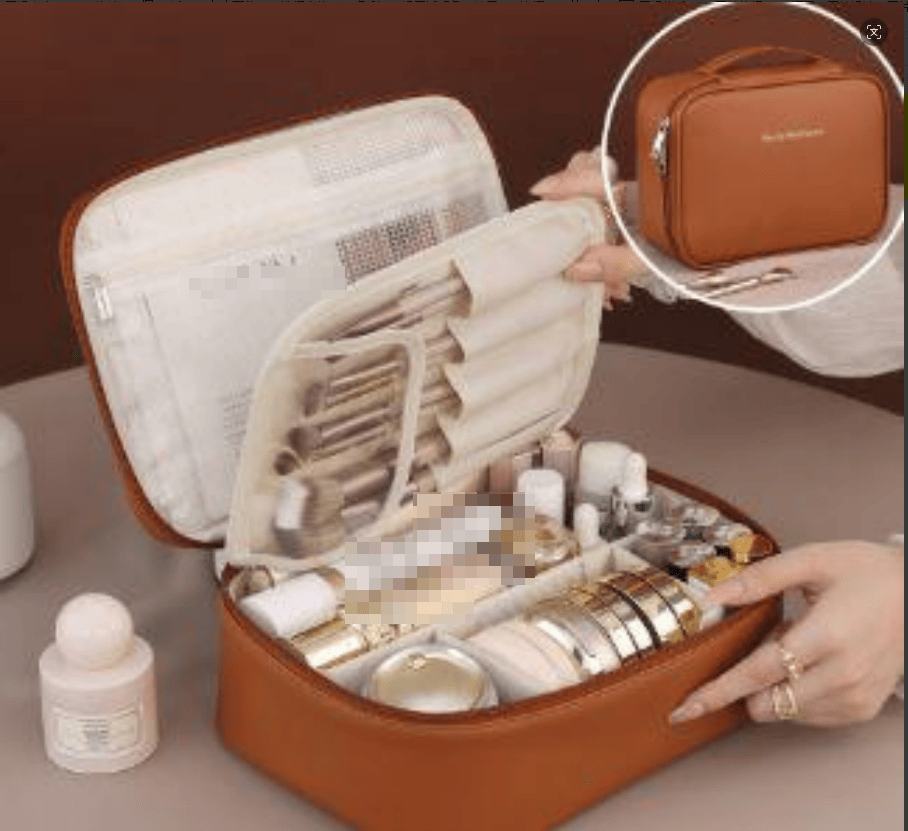 Light luxury partition PU makeup bag, flip brush bag, large capacity skincare storage bag, portable travel toiletry bag