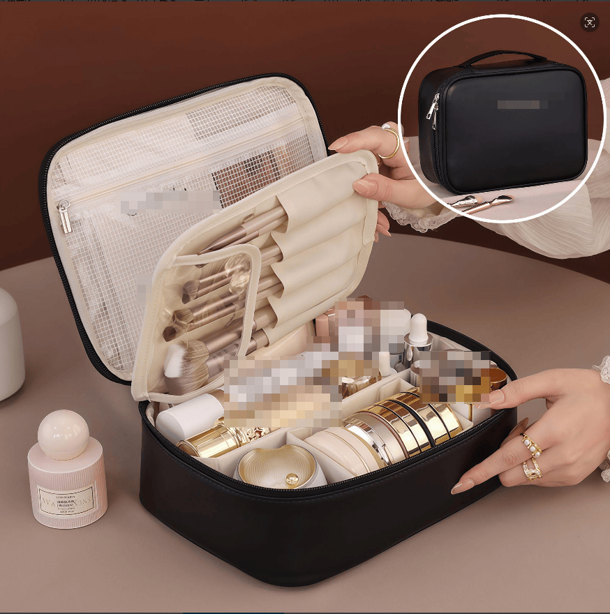 Light luxury partition PU makeup bag, flip brush bag, large capacity skincare storage bag, portable travel toiletry bag