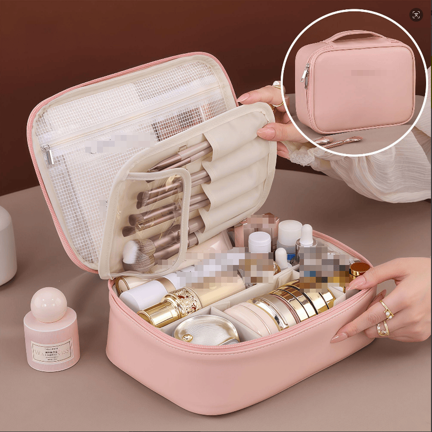 Light luxury partition PU makeup bag, flip brush bag, large capacity skincare storage bag, portable travel toiletry bag