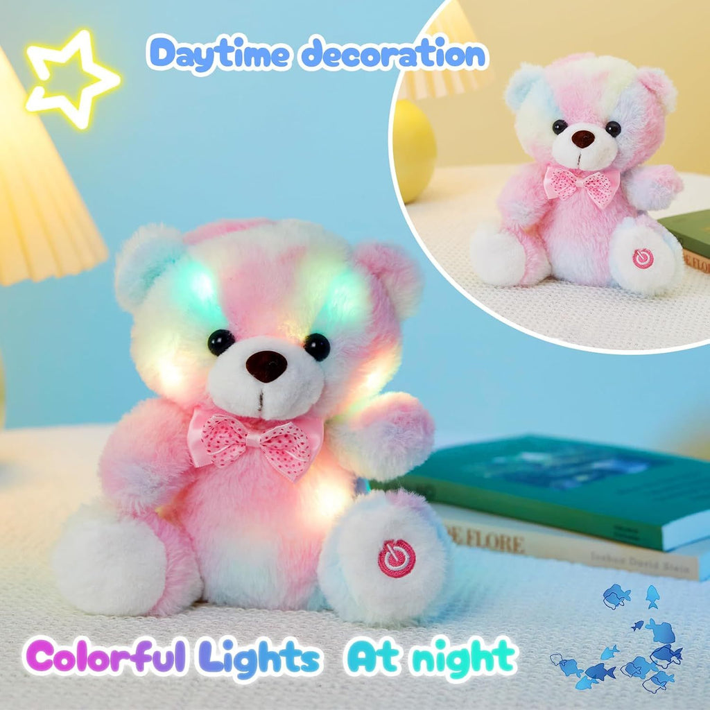 Light up RainbowTeddy Bear LED Stuffed Animal Soft Nightlight Glow Bear Plush Toy Gifts for Kids Mom Girls Birthday Christmas, 8"