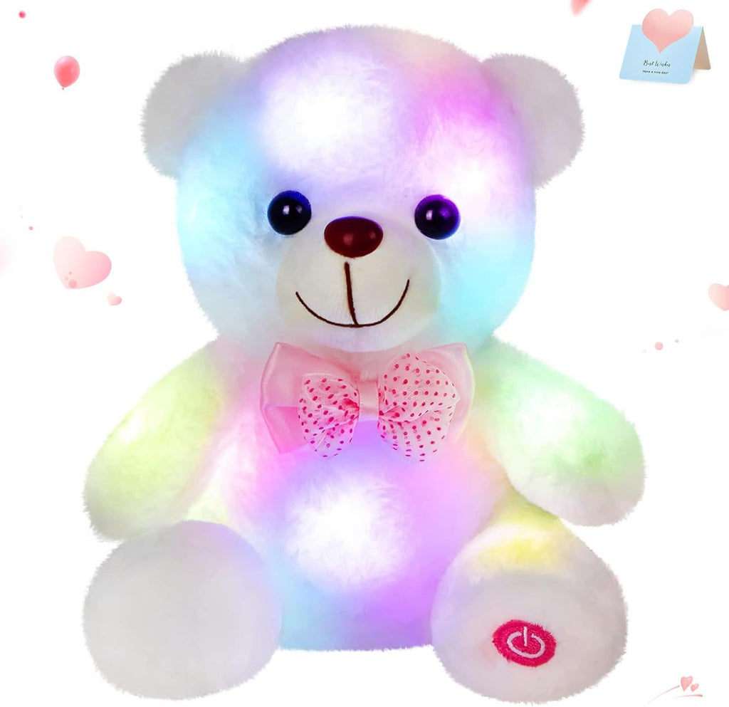 Light up White Teddy Bear LED Stuffed Animal Soft Nightlight Glow Bear Plush Toy Gifts for Kids Mom Girls Birthday Christmas, 8" (White)