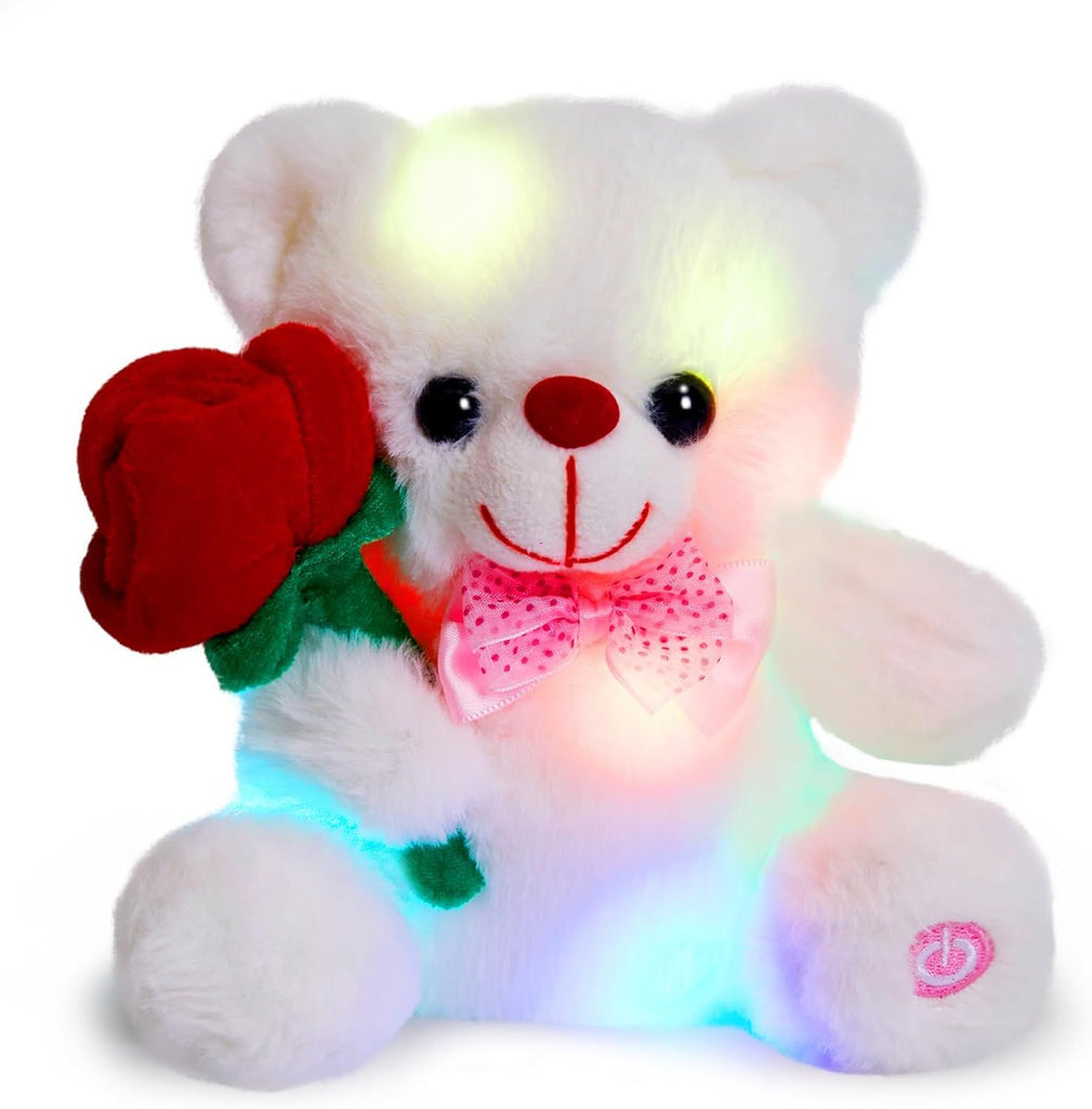 Light up White Teddy Bear LED Stuffed Animal with Rose Soft Nightlight Glow Bear Plush Toy Gifts for Kids Mom Girls Birthday Christmas Valentine's Day, 8" (Red)