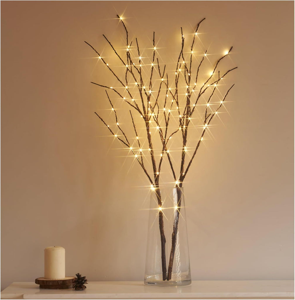 Lighted Brown Branches Battery Operated with Timer 30IN 100 LED Fairy Lights, Willow Branch Lights for Home Bedroom Fireplace Christmas Holiday Decoration Indoor Outdoor Use (Vase Excluded)