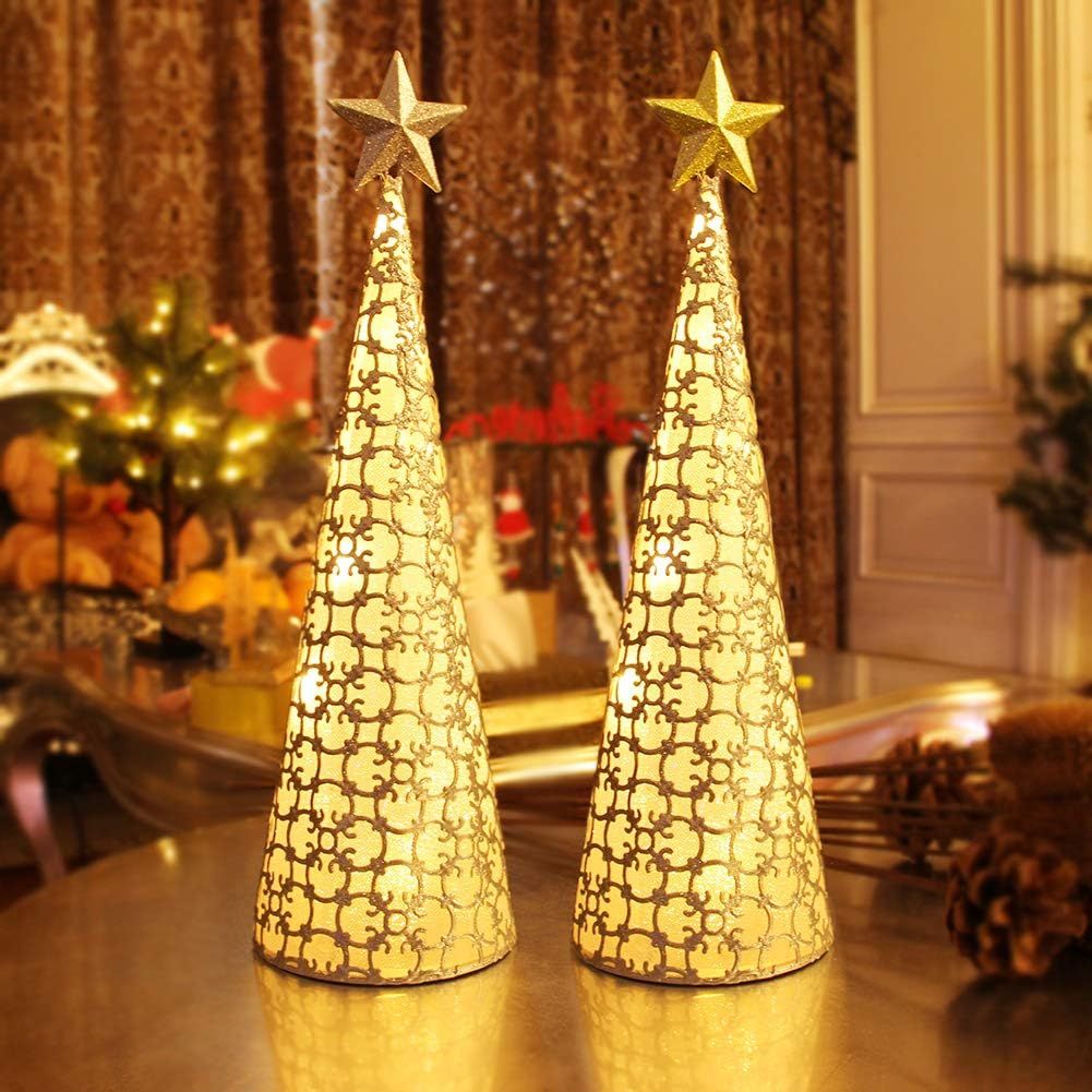Lighted Christmas Table Decorations with Star and 10 LED Lights Battery Operated, Indoor Xmas Thanksgiving Holiday Wedding Party Tabletop Desk Ornament, Set of 2 (Gold, Silver)