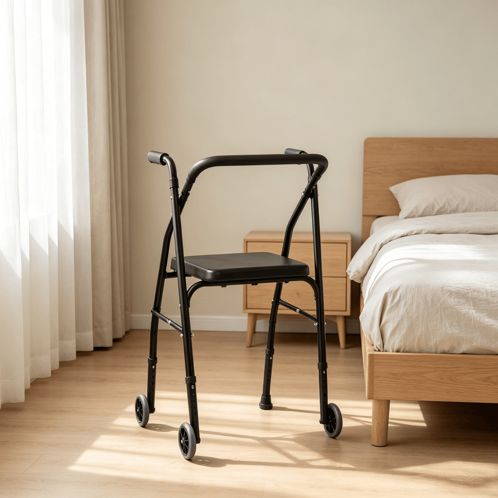 Lightweight aluminum mobile walking bike, equipped with 2 wheels, 5-level adjustable height, and padded seats