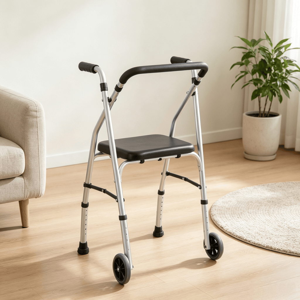 Lightweight aluminum mobile walking bike, equipped with 2 wheels, 5-level adjustable height, and padded seats